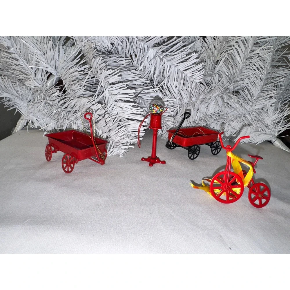 Miniature Toy Ornaments Red Metal Wagons Tricycle Gumball Set Vintage Retro